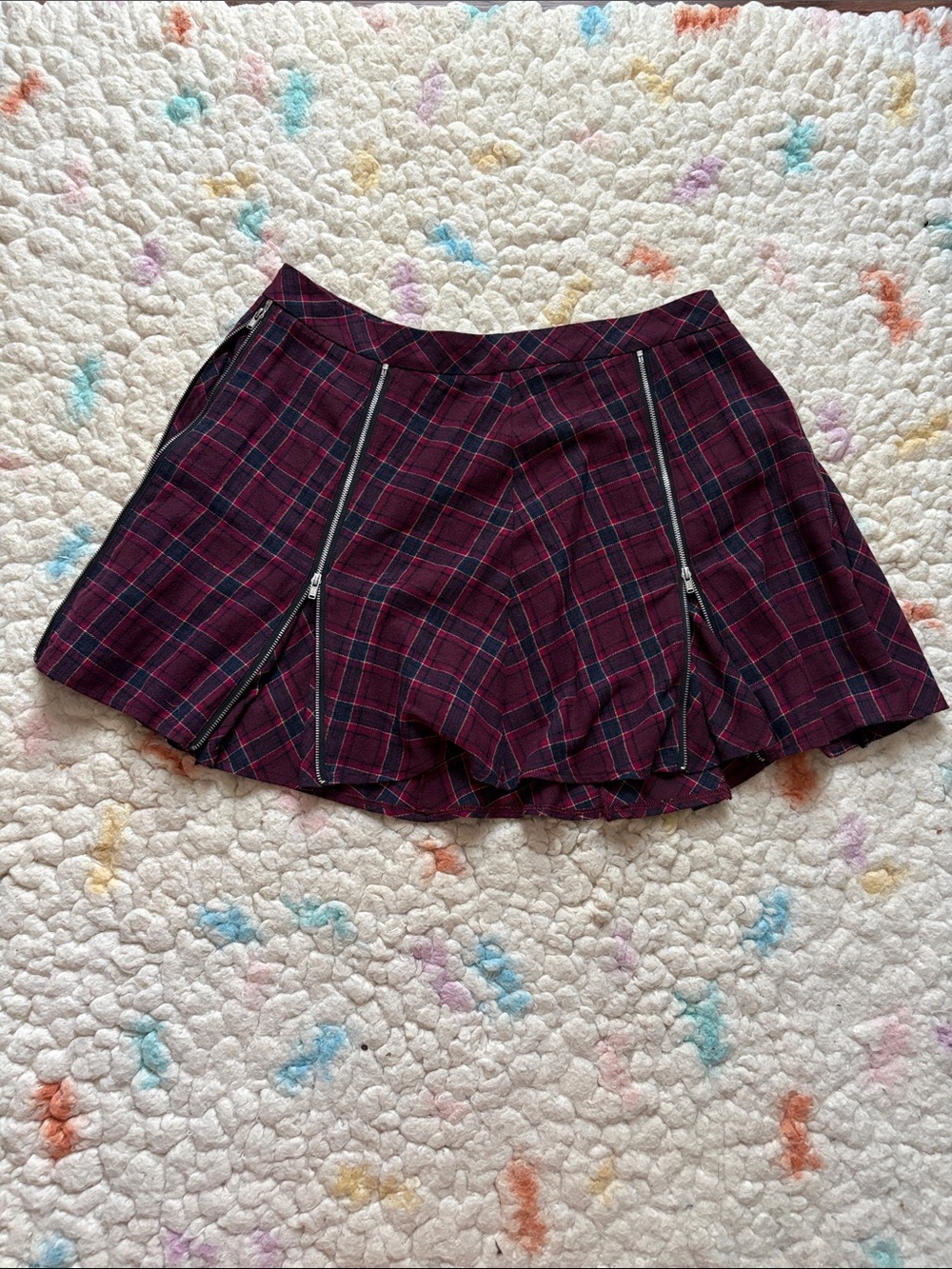 Blackmilk Burgundy & Black Plaid Skater Skirt with Dual Zippers